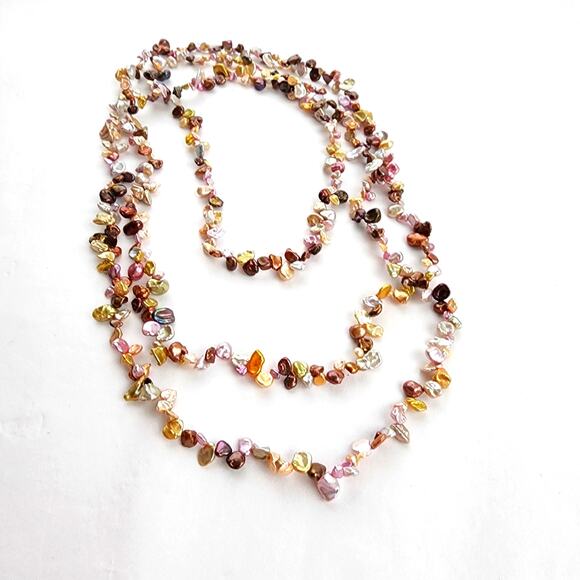 Long Strand Golden green Pink Keshi Pearl Necklace Artisan Genuine 34" Triple - Picture 1 of 11